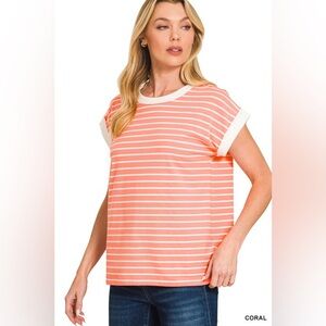 Zenana Coral & White Contrast Trim Cap Sleeve Stripe Tee